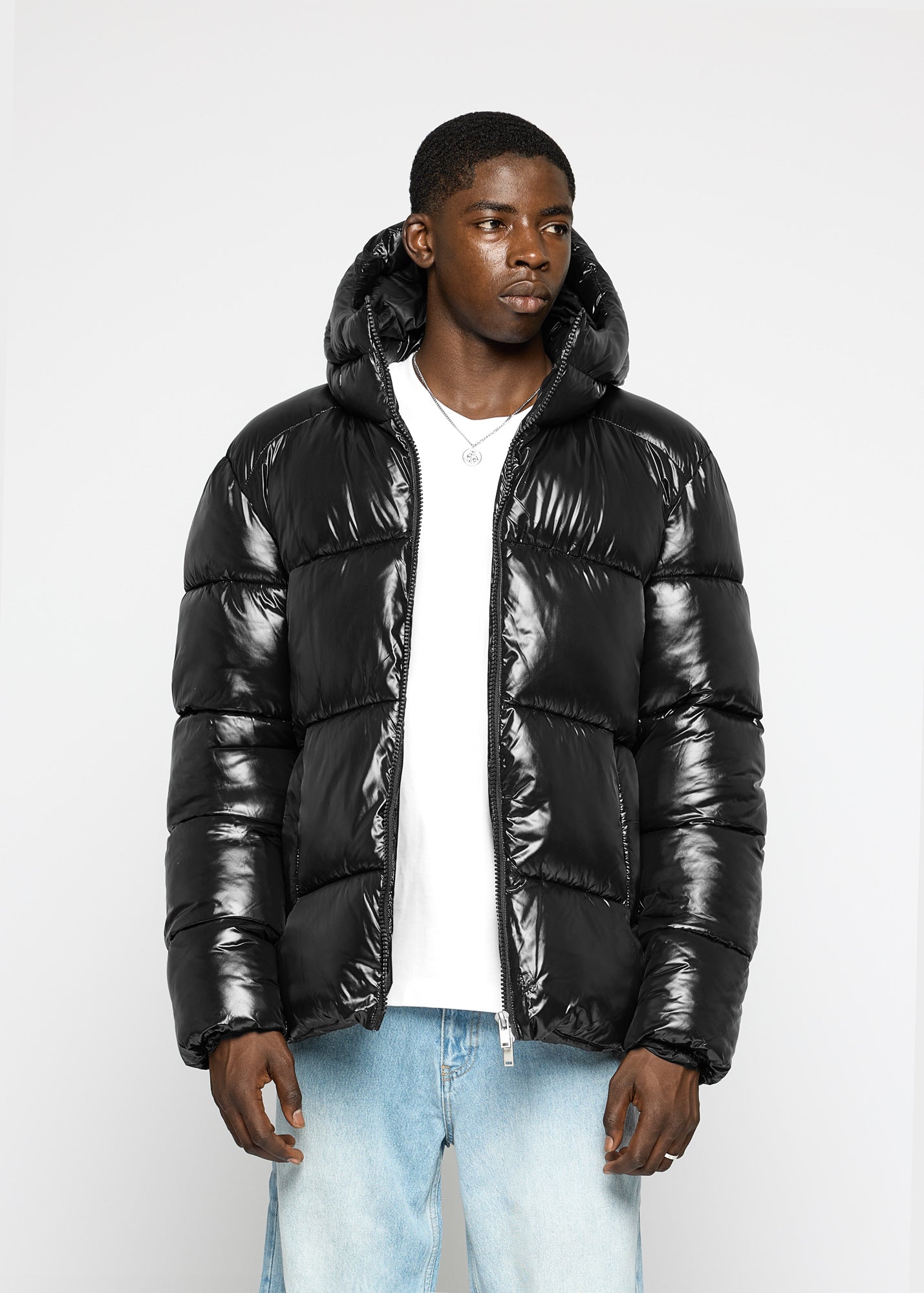 Black puffer shiny coat online